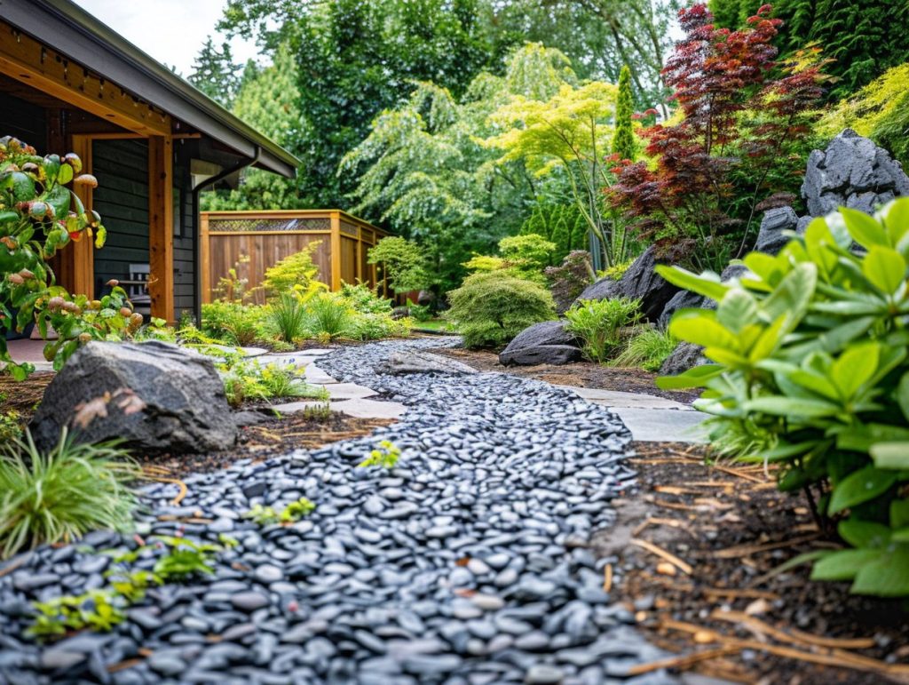 A dry creek bed illustrates one of many river rock landscaping benefits