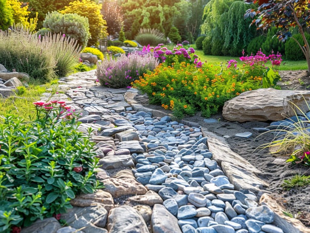 Dry stream rock landscaping idea